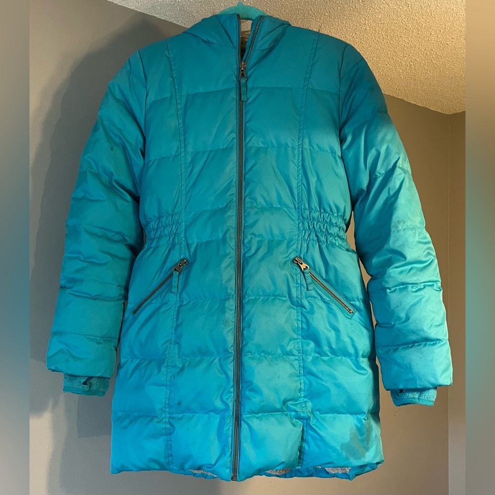 Lands’ End Girls Blue Fur Lined Long Hooded Coat Size L